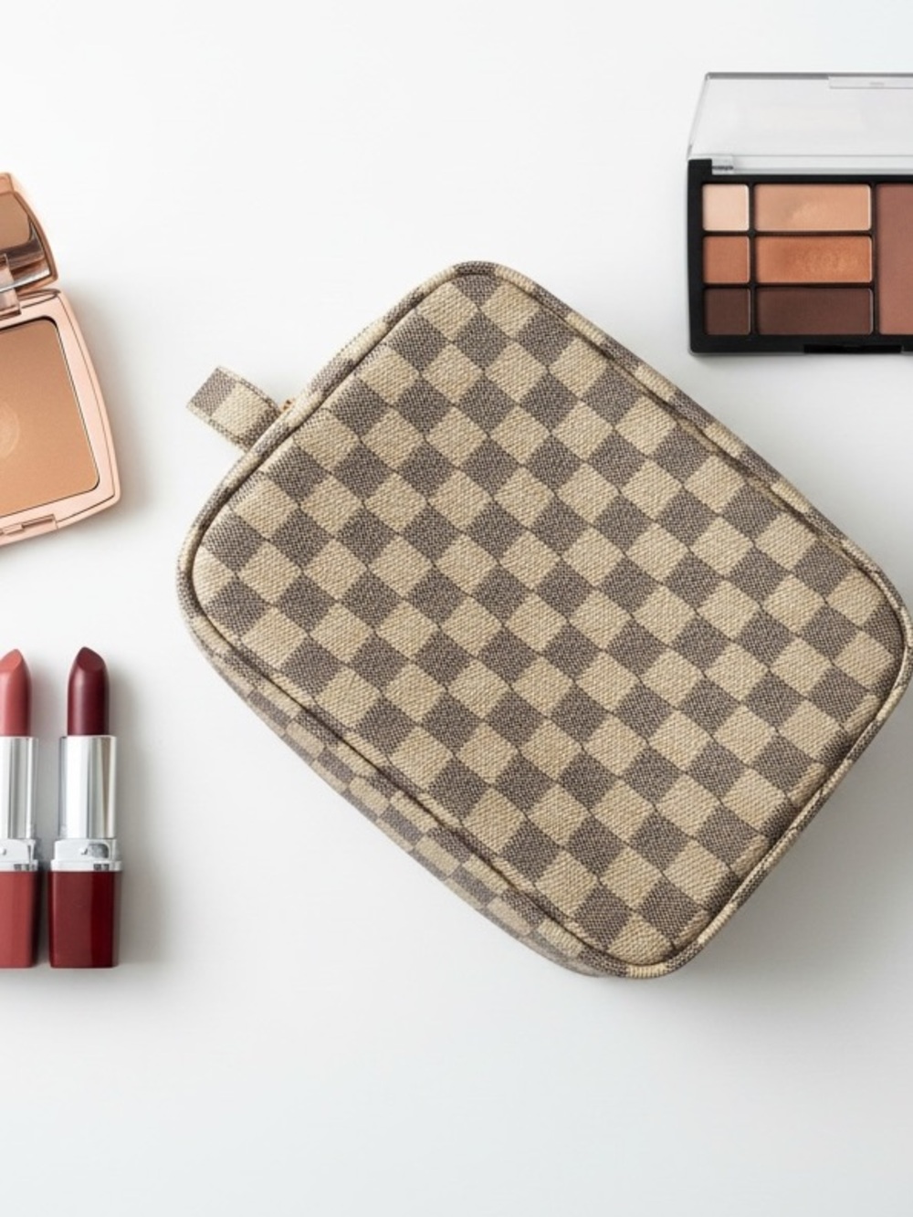 Designer Inspired Checkered Cosmetic Makeup Toiletry Travel Bag Daisy Rose